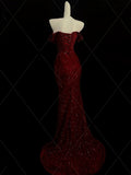 Mermaid Sweetheart Red Slit Sequin Long Evening Gowns Prom Dress SD2766