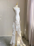 Mermaid Scoop Satin Night Party Dress White Long Prom Dresses SD1524
