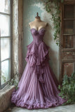 Evafashion A-line Sweetheart Neck Tulle Beaded Long Prom Dress, Vintage Formal Dress HZ1024