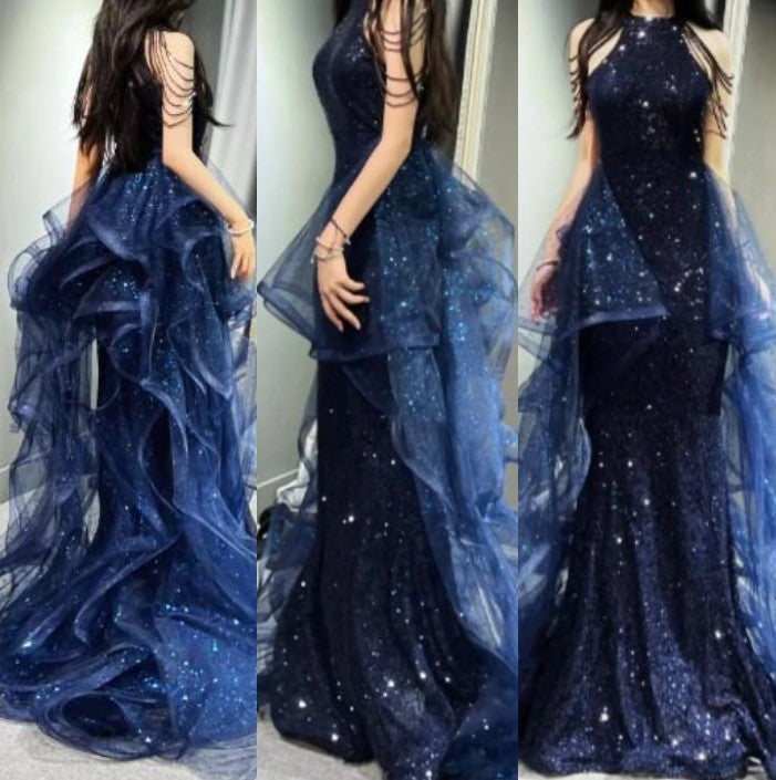 Evafashion A-Line Halter Sparkly Sequins Long Prom Dresses Navy Blue Evening Dresses HZ1024