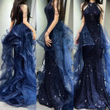 Evafashion A-Line Halter Sparkly Sequins Long Prom Dresses Navy Blue Evening Dresses HZ1024