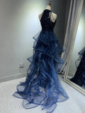 Evafashion A-Line Halter Sparkly Sequins Long Prom Dresses Navy Blue Evening Dresses HZ1024