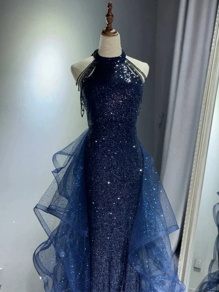 Evafashion A-Line Halter Sparkly Sequins Long Prom Dresses Navy Blue Evening Dresses HZ1024