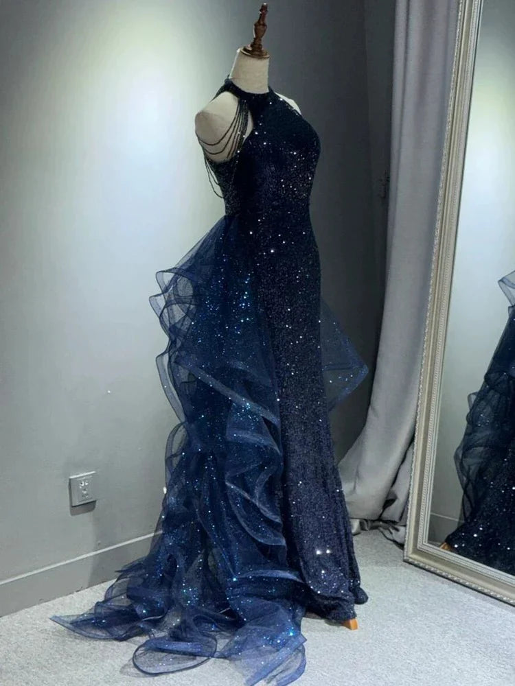 Evafashion A-Line Halter Sparkly Sequins Long Prom Dresses Navy Blue Evening Dresses HZ1024