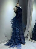 Evafashion A-Line Halter Sparkly Sequins Long Prom Dresses Navy Blue Evening Dresses HZ1024