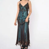 Evafashion Evening Dresses ?? Blue Satin Spaghetti Straps Coffee Chiffon Long Prom Dresses with Beading HZ1024