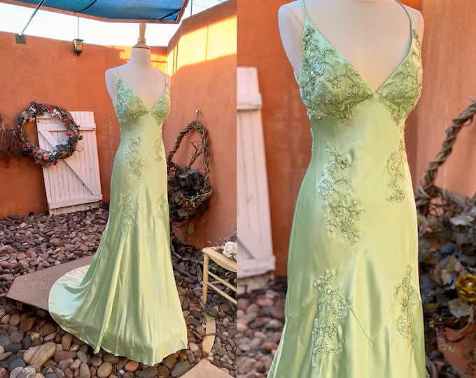 Evafashion A-Line Evening Dress Satin Spaghetti Straps Green Vintage Backless Long Prom Dresses HZ1024
