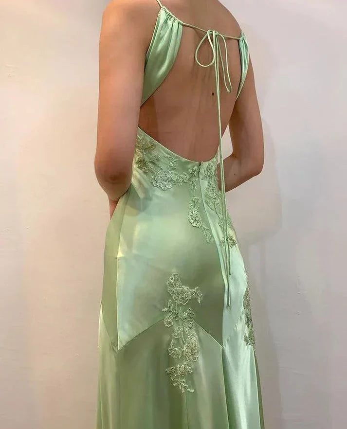 Evafashion A-Line Evening Dress Satin Spaghetti Straps Green Vintage Backless Long Prom Dresses HZ1024