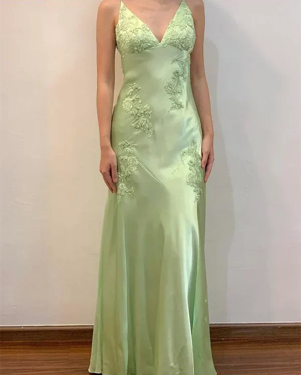 Evafashion A-Line Evening Dress Satin Spaghetti Straps Green Vintage Backless Long Prom Dresses HZ1024