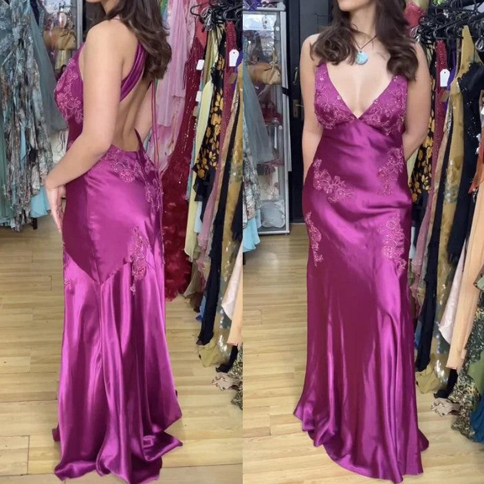 Evafashion A-Line Evening Dress Satin Spaghetti Straps Green Vintage Backless Long Prom Dresses HZ1024
