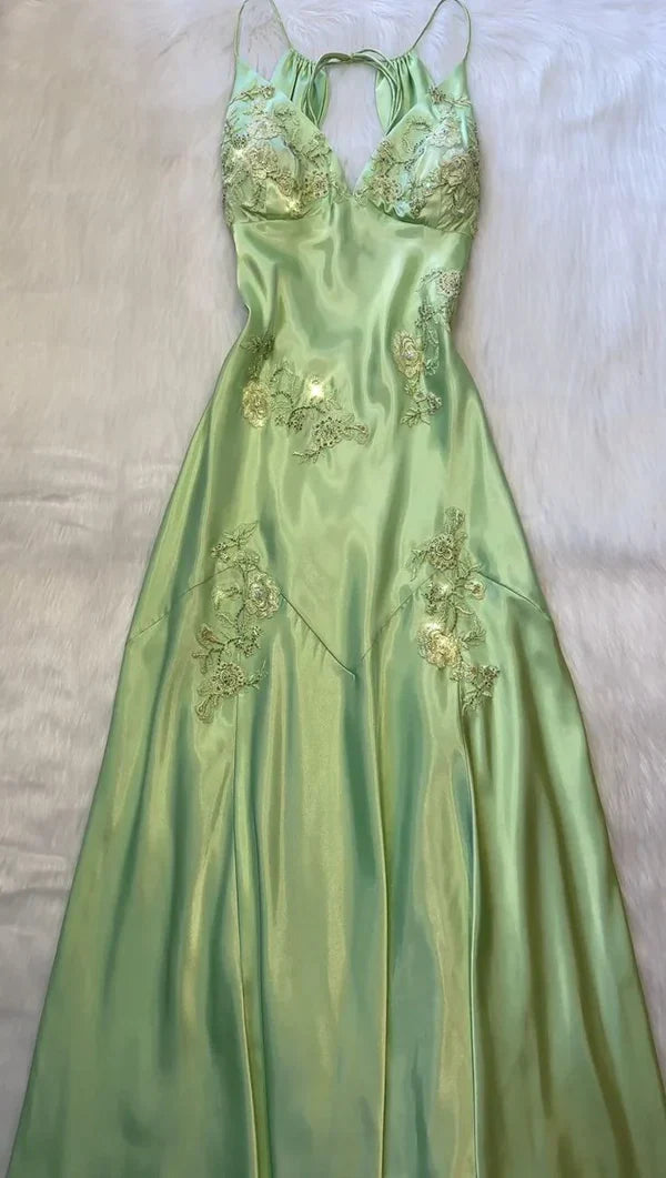 Evafashion A-Line Evening Dress Satin Spaghetti Straps Green Vintage Backless Long Prom Dresses HZ1024
