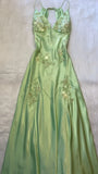 Evafashion A-Line Evening Dress Satin Spaghetti Straps Green Vintage Backless Long Prom Dresses HZ1024