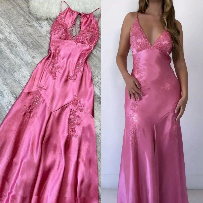 Evafashion A-Line Evening Dress Satin Spaghetti Straps Green Vintage Backless Long Prom Dresses HZ1024