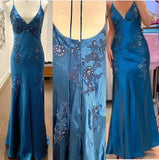 Evafashion A-Line Evening Dress Satin Spaghetti Straps Green Vintage Backless Long Prom Dresses HZ1024