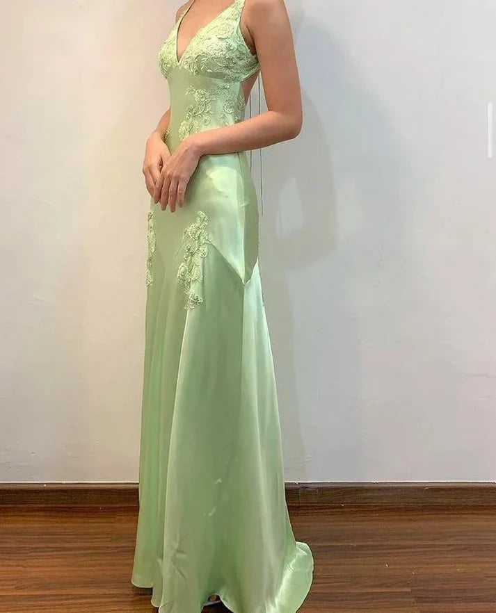Evafashion A-Line Evening Dress Satin Spaghetti Straps Green Vintage Backless Long Prom Dresses HZ1024
