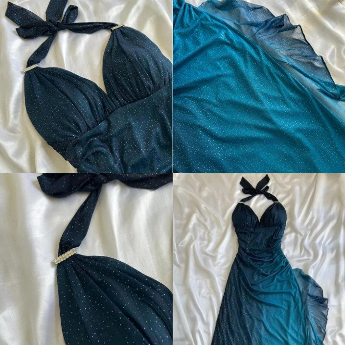 Evafashion ?Chiffon Halter Sheath Prom Dress for Party&Birthday Elegant Blue Evening Gowns HZ1024