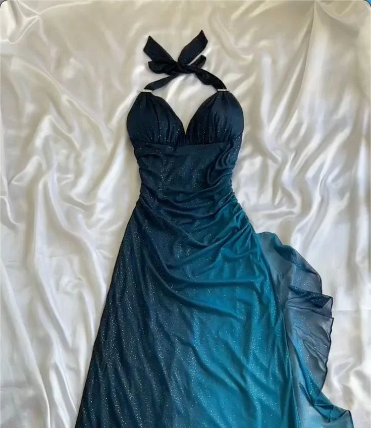 Evafashion ?Chiffon Halter Sheath Prom Dress for Party&Birthday Elegant Blue Evening Gowns HZ1024