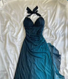 Evafashion ?Chiffon Halter Sheath Prom Dress for Party&Birthday Elegant Blue Evening Gowns HZ1024
