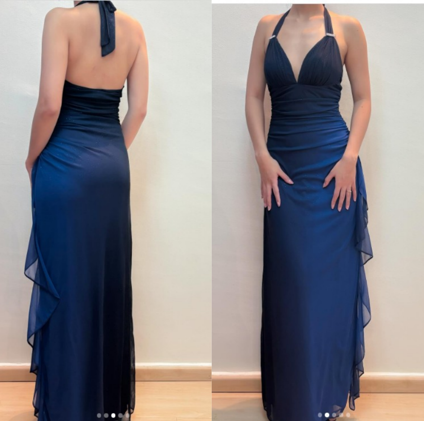 Evafashion ?Chiffon Halter Sheath Prom Dress for Party&Birthday Elegant Blue Evening Gowns HZ1024
