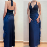Evafashion ?Chiffon Halter Sheath Prom Dress for Party&Birthday Elegant Blue Evening Gowns HZ1024