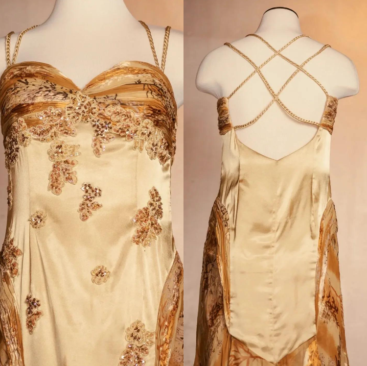 Evafashion Vintage Floral Satin Applique Spaghetti Straps Chiffon Prom Dresses Party Dresses HZ1024