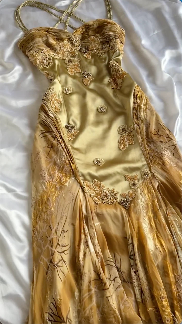 Evafashion Vintage Floral Satin Applique Spaghetti Straps Chiffon Prom Dresses Party Dresses HZ1024