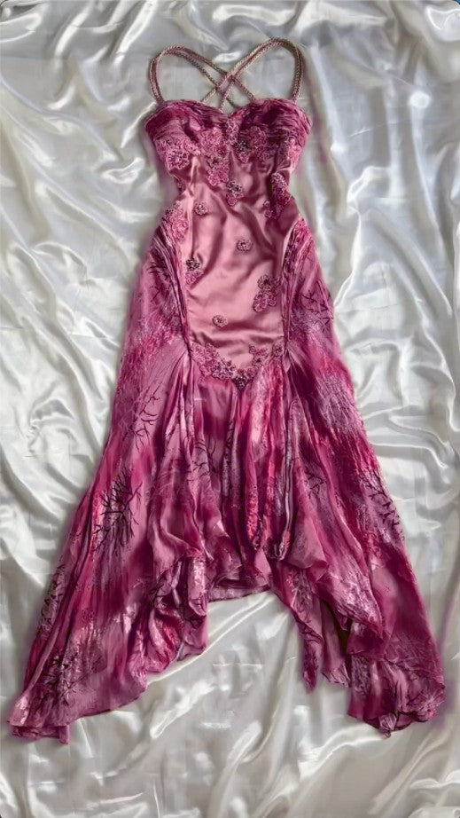 Evafashion Vintage Floral Satin Applique Spaghetti Straps Chiffon Prom Dresses Party Dresses HZ1024