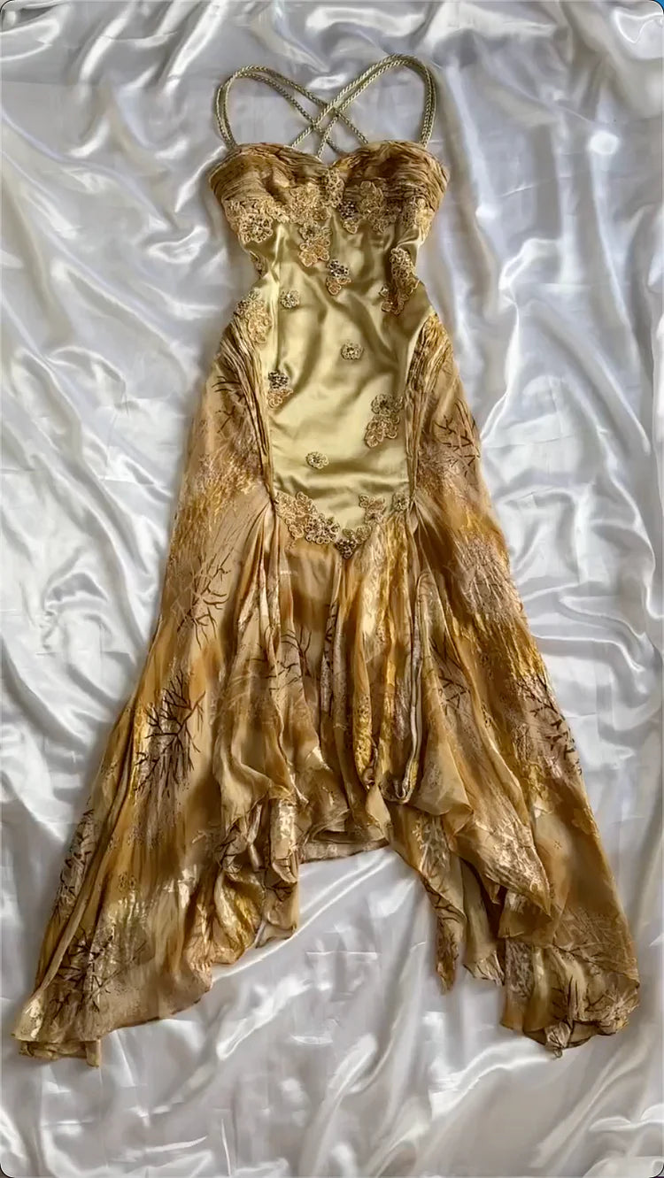 Evafashion Vintage Floral Satin Applique Spaghetti Straps Chiffon Prom Dresses Party Dresses HZ1024