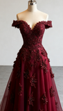 Evafashion Red A-line Off-the-shoulder Tulle Beaded Long Prom Dress Formal Applique Evening Dress HZ1024