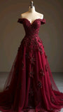 Evafashion Red A-line Off-the-shoulder Tulle Beaded Long Prom Dress Formal Applique Evening Dress HZ1024