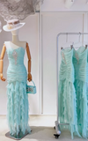 Evafashion Tiffany Blue Strapless Bodycon Chiffon Long Prom Dresses Formal Evening Gowns HZ1024