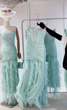 Evafashion Tiffany Blue Strapless Bodycon Chiffon Long Prom Dresses Formal Evening Gowns HZ1024