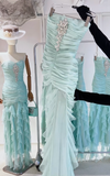 Evafashion Tiffany Blue Strapless Bodycon Chiffon Long Prom Dresses Formal Evening Gowns HZ1024