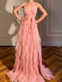 Evafashion Peach Spaghetti Straps A-Line Layered Tulle Long Prom Dresses Formal Evening Gowns HZ1024