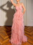 Evafashion Peach Spaghetti Straps A-Line Layered Tulle Long Prom Dresses Formal Evening Gowns HZ1024