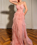 Evafashion Peach Spaghetti Straps A-Line Layered Tulle Long Prom Dresses Formal Evening Gowns HZ1024