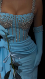 Evafashion Blue Square Neck Bodycon Chiffon Long Prom Dresses Formal Evening Gowns with Rhinestones HZ1024