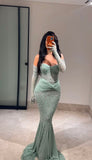 Evafashion Mint Green Sweetheart Mermaid Chiffon Long Prom Dresses Formal Evening Gowns with Appliques HZ1024