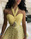 Evafashion Butter Yellow Halter Neck A-Line Beaded Tulle Homecoming Dresses Short Prom Dresses HZ1024