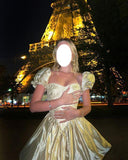 Evafashion Yellow Square Neck A-Line Satin Homecoming Dresses Short Sleeves Prom Dresses HZ1024