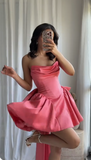 Evafashion Hot Pink Strapless A-Line Satin Homecoming Dresses Short Prom Dresses with Bow HZ1024