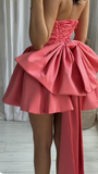 Evafashion Hot Pink Strapless A-Line Satin Homecoming Dresses Short Prom Dresses with Bow HZ1024