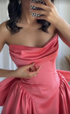 Evafashion Hot Pink Strapless A-Line Satin Homecoming Dresses Short Prom Dresses with Bow HZ1024