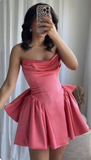 Evafashion Hot Pink Strapless A-Line Satin Homecoming Dresses Short Prom Dresses with Bow HZ1024