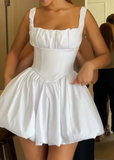 Evafashion White Square Neck A-Line Satin Homecoming Dresses Elegant Short Prom Dresses HZ1024