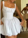 Evafashion White Square Neck A-Line Satin Homecoming Dresses Elegant Short Prom Dresses HZ1024