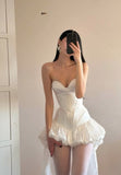 Evafashion White Sweetheart A-Line Satin Hi-Lo Prom Dresses Homecoming Dresses HZ1024