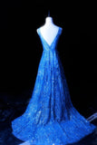 Evafashion Royal Blue V-neck A-Line Beaded Tulle Long Prom Dresses Formal Evening Gowns HZ1024