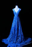 Evafashion Royal Blue V-neck A-Line Beaded Tulle Long Prom Dresses Formal Evening Gowns HZ1024