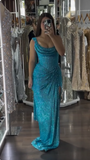 Evafashion Turquoise Scoop Neck Sheath Sequin Long Prom Dresses Formal Evening Gowns with Slits HZ1024